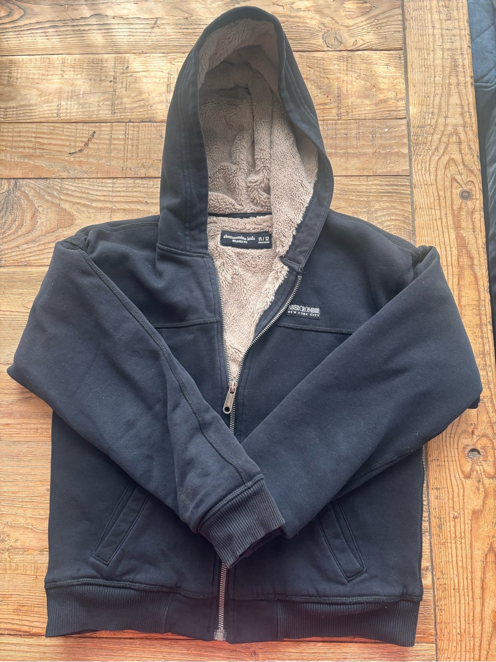 abercrombie kids Black Hoodie Jacket with Tan Sherpa Lining